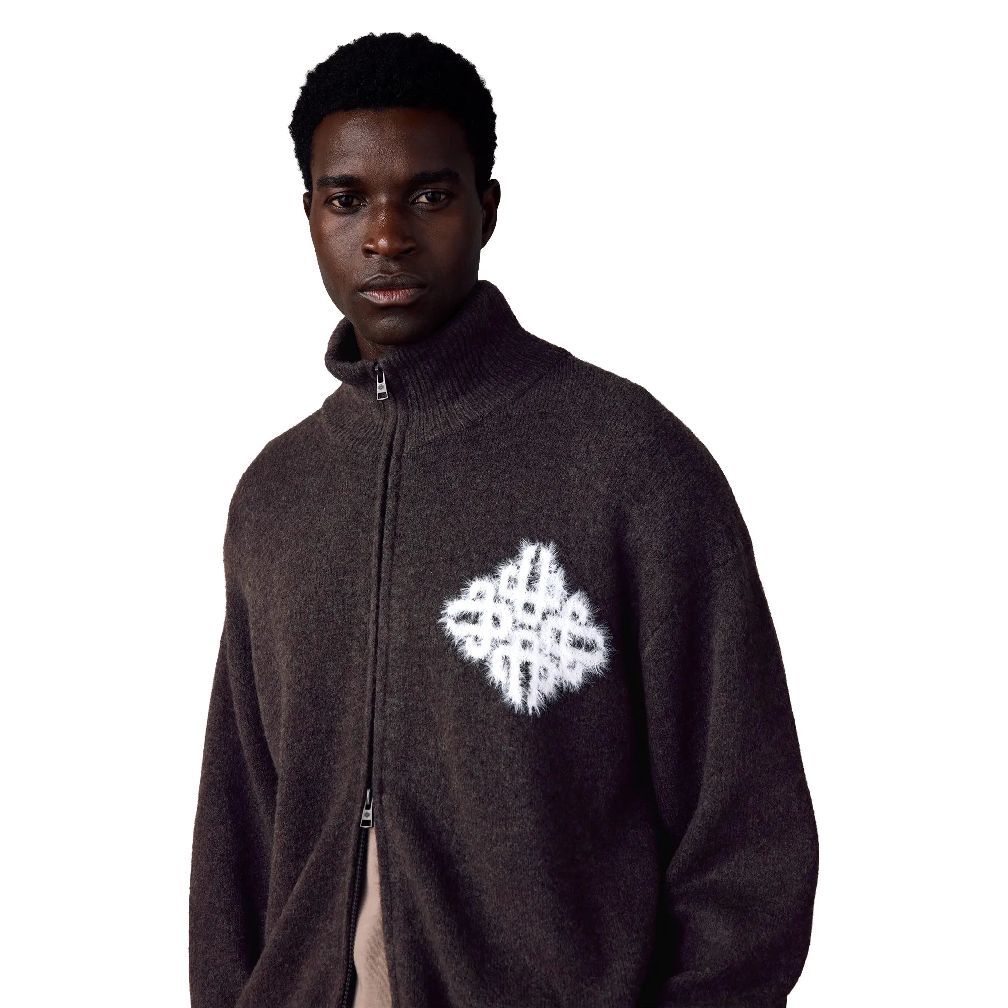 Detailed Front View of The Couture Club Fluff Knit Brown Neck Funnel Sweatshirt